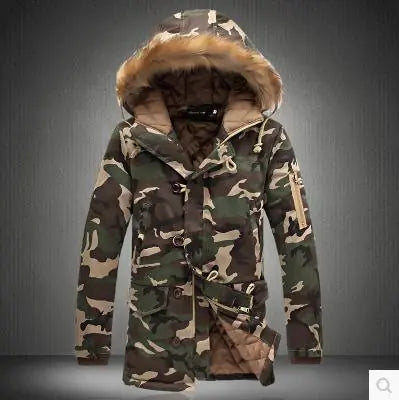 Camouflage Fur-Collared Mid-Length Coat