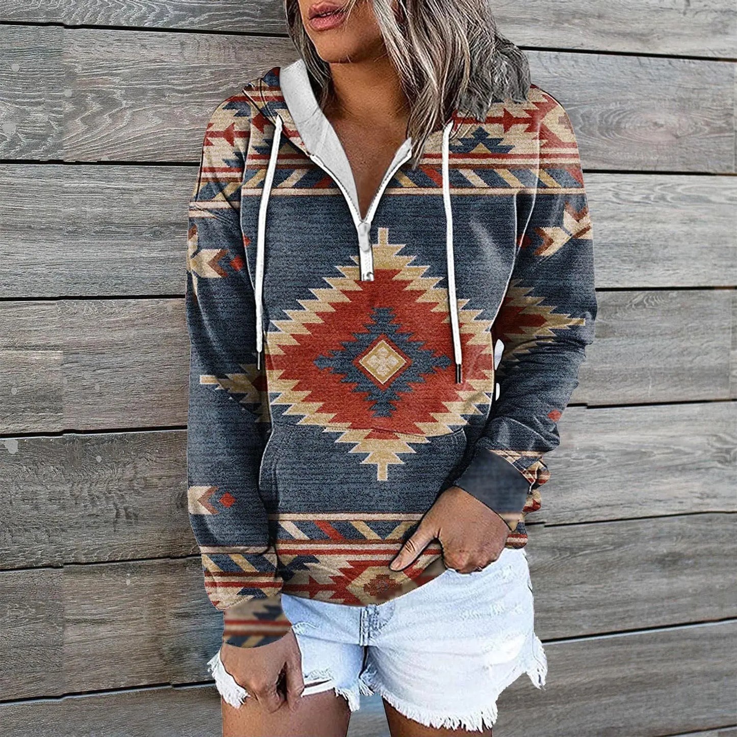 Chic Print Zip Pocket Hoodie