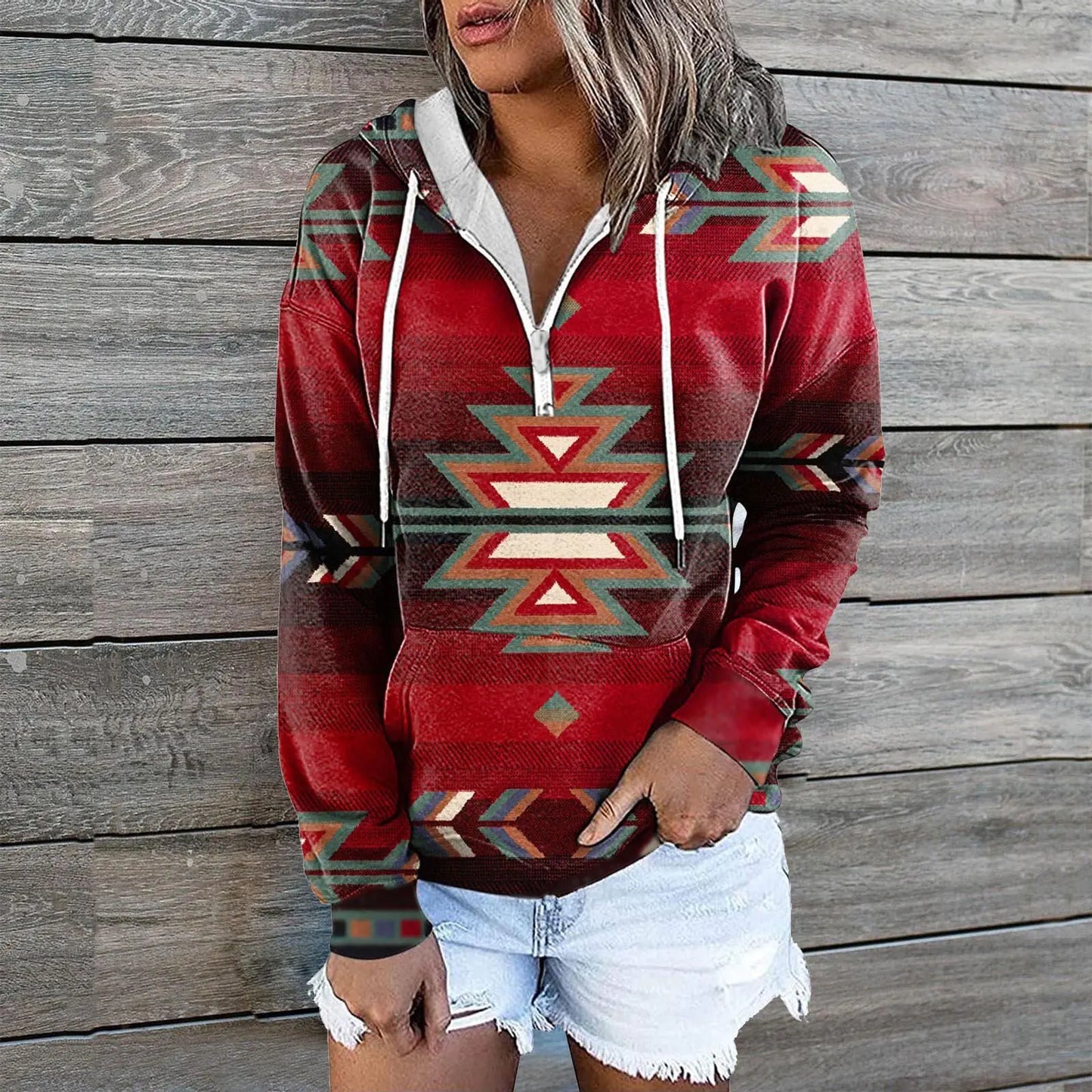 Chic Print Zip Pocket Hoodie