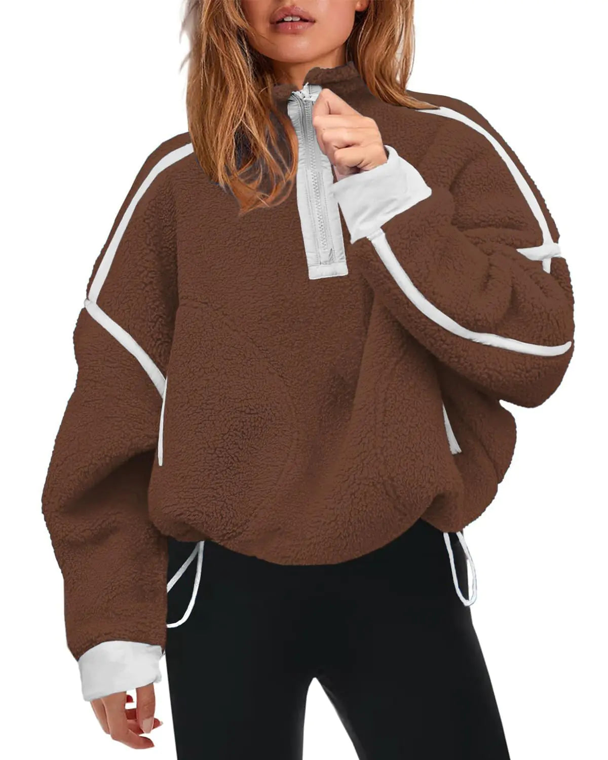 Wenlia Womens Half Zip Sweatshirts Polar Fleece Long Sleeve Pullover Oversized Workout Tops with Pockets Light Brown
