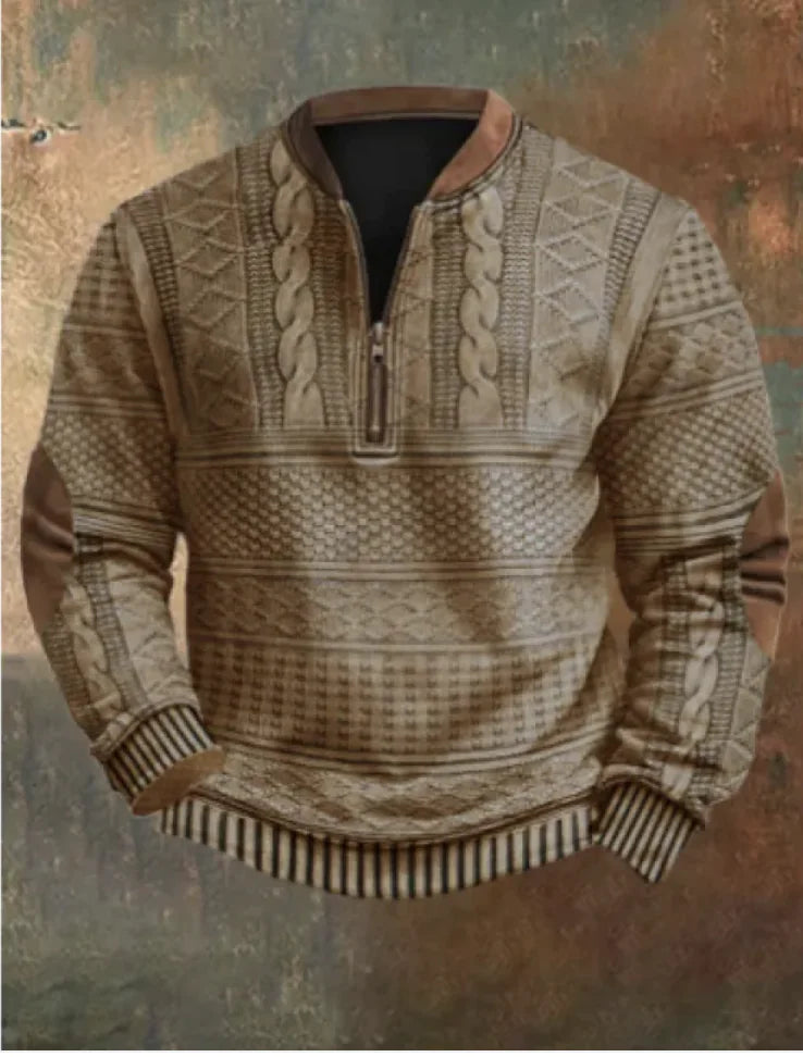Men's 3D Print Zip-Up Casual Sweater