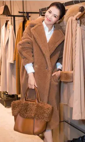 Chic Long Cashmere Lamb Coat