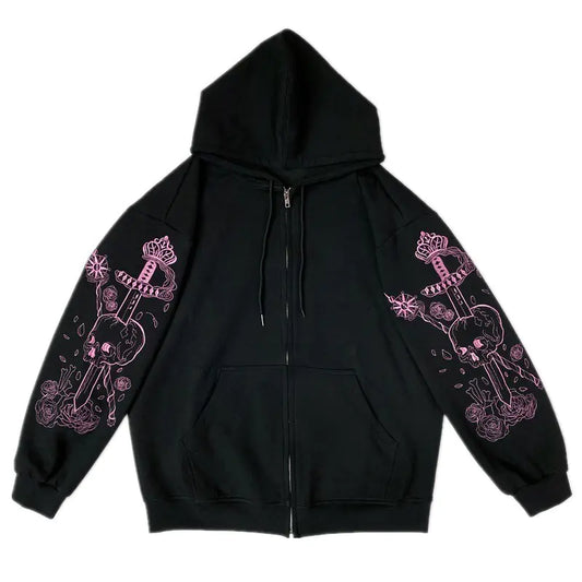 Chic Black Printed Zip Hoodie for Women