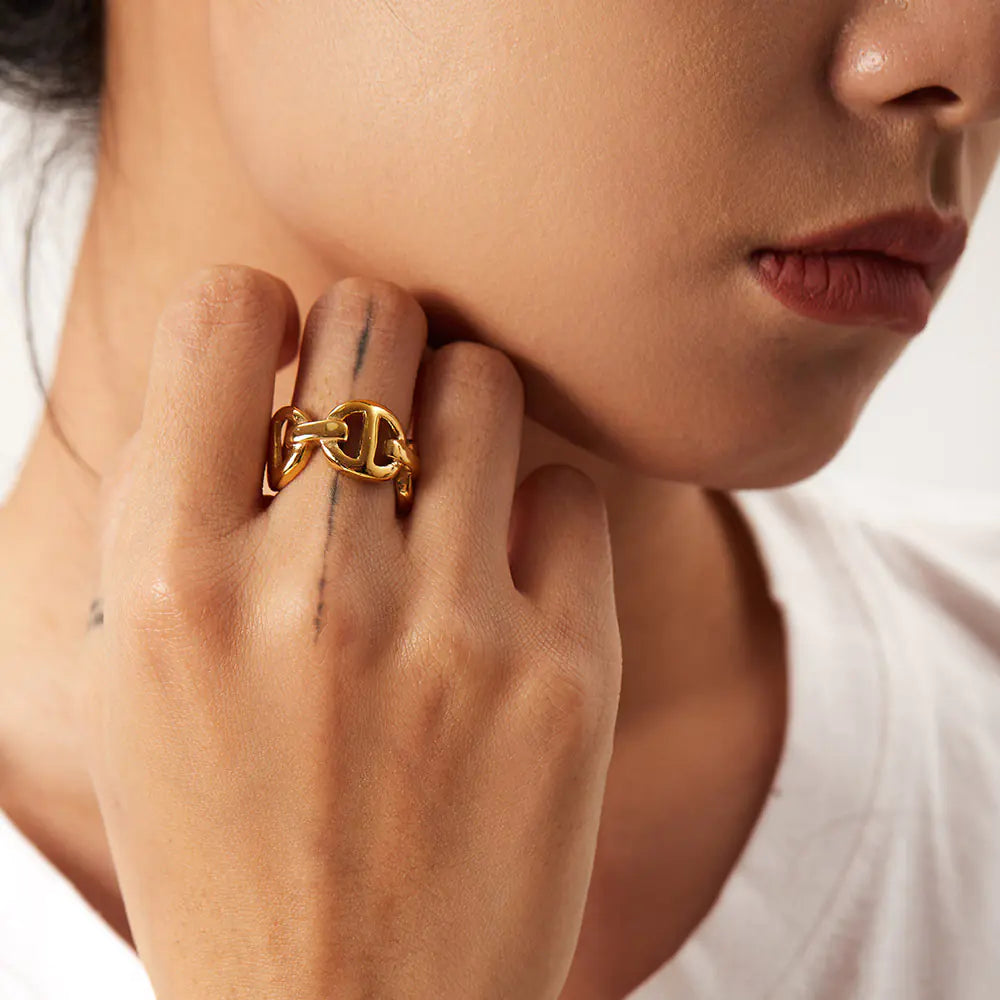 French Retro Titanium Steel Chain Ring with 18K Accent