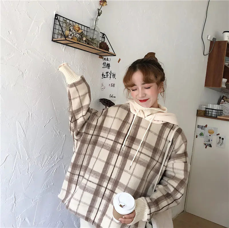 Plush Plaid High-Neck Hoodie