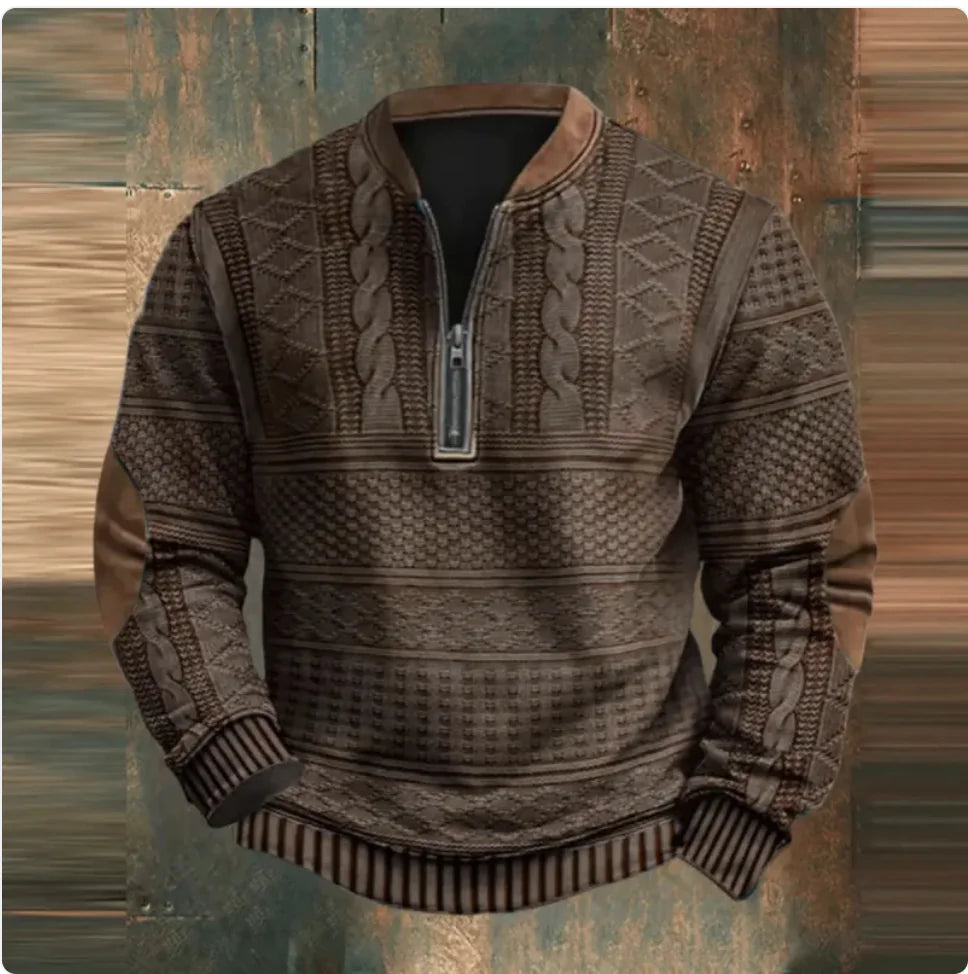 Men's 3D Print Zip-Up Casual Sweater