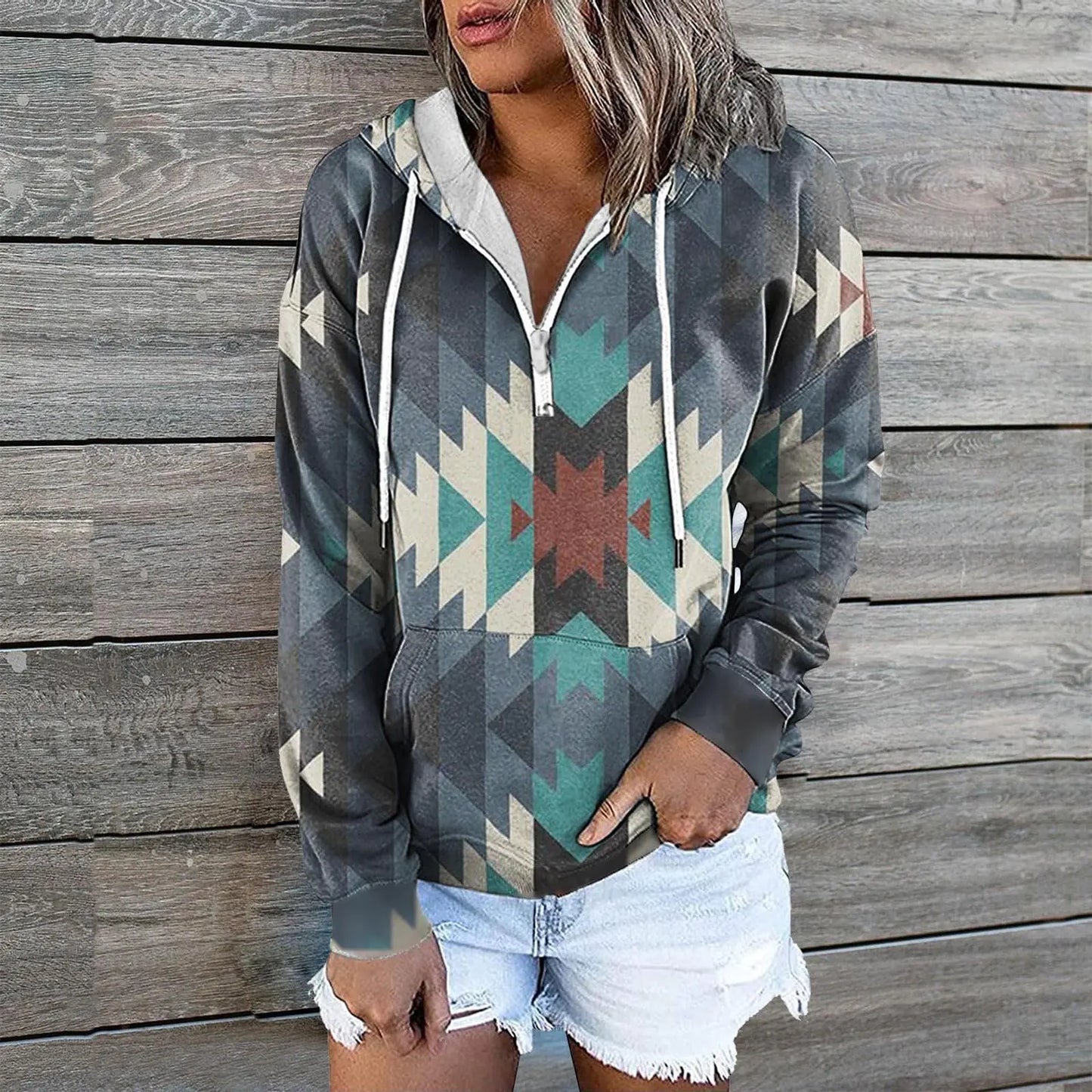 Chic Print Zip Pocket Hoodie