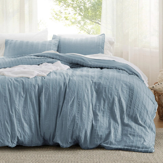 Bedsure Striped Tufted Duvet Cover Queen - Shabby Chic Duvet Cover 3pcs All-Season Size Boho Bedding for All Seasons Includes 1 Queen Duvet Cover & 2 Pillowcases (Mineral Blue Queen 90"x90")