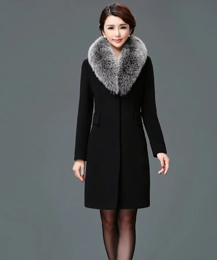 Elegant Fur-Collared Women's Wool Coat