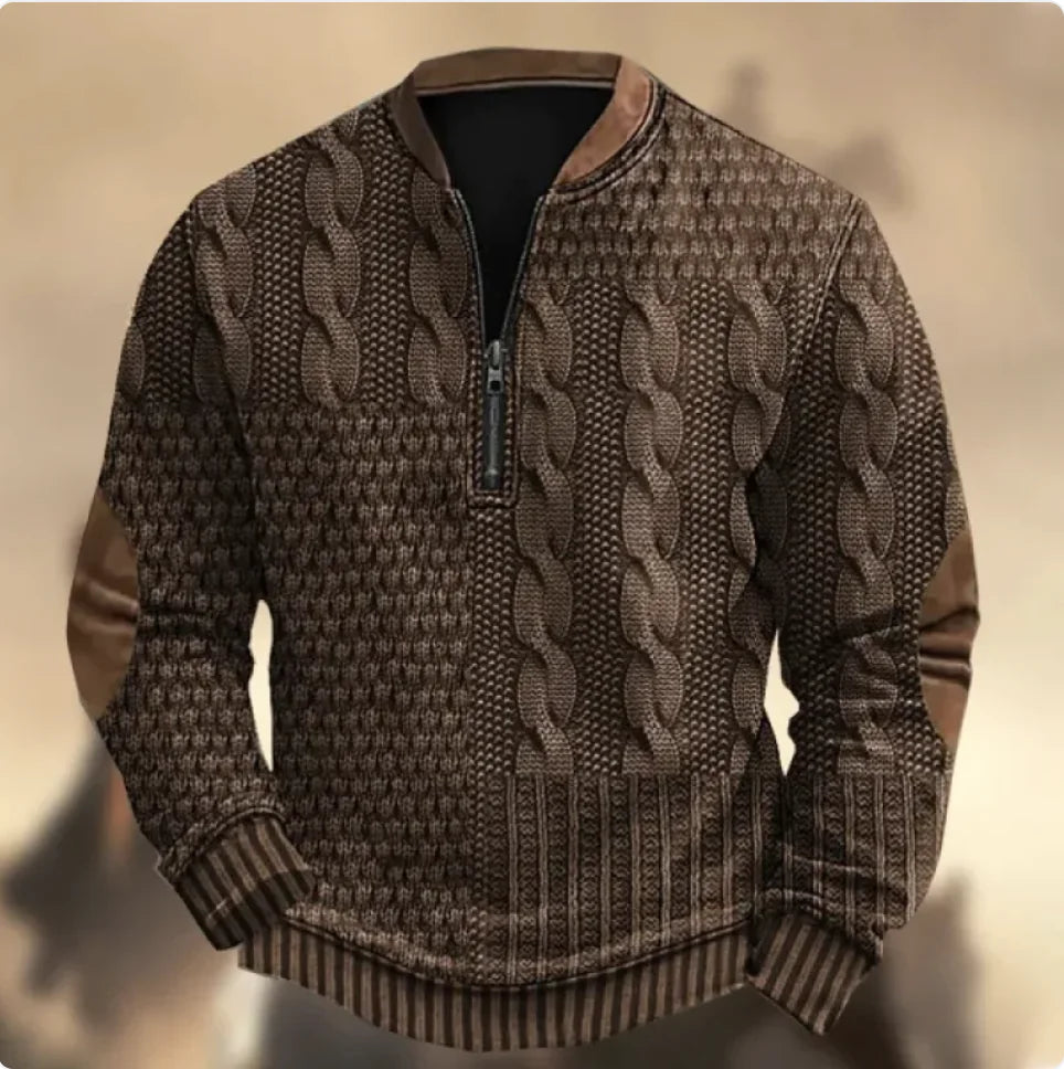 Men's 3D Print Zip-Up Casual Sweater
