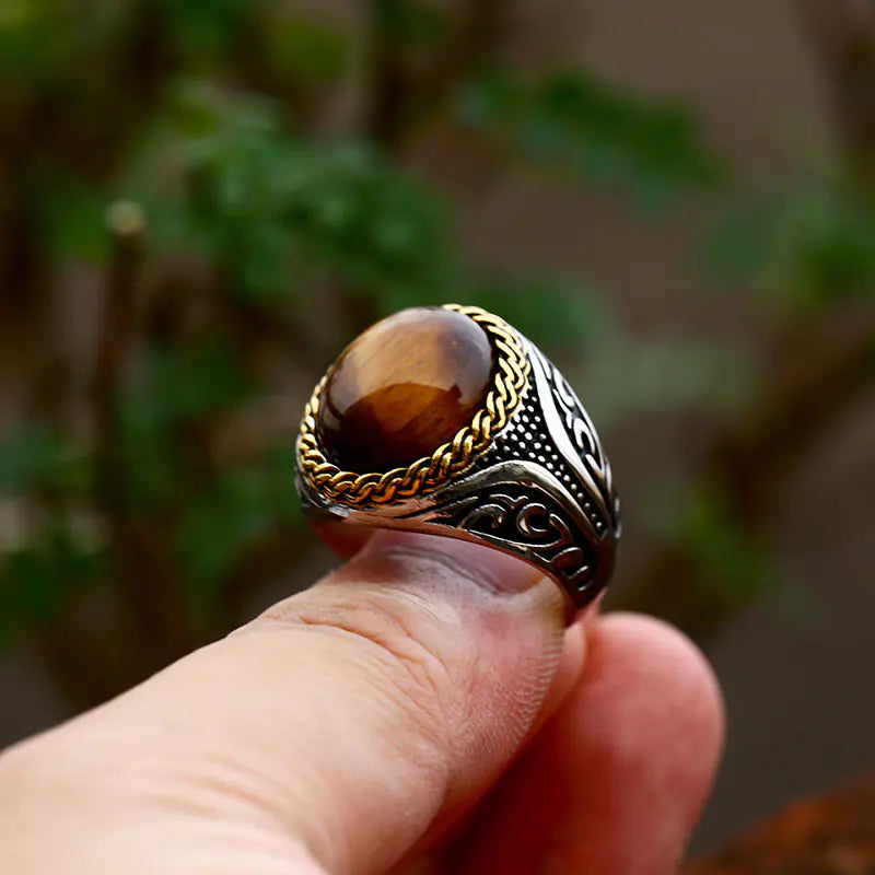 Titanium Steel Geometric Tiger Eye Ring - Sleek Design