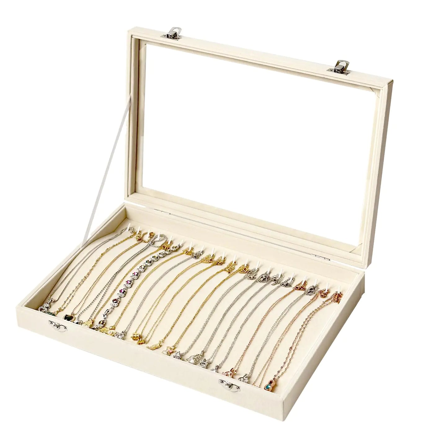 GISK White 20 Hooks Necklace Organizer Box Necklace Tray Velvet with Clear Lid Necklace Storage Box Necklace Display Box Necklace Tray for Drawer Necklace Organization for Women Girls(White-Necklace)