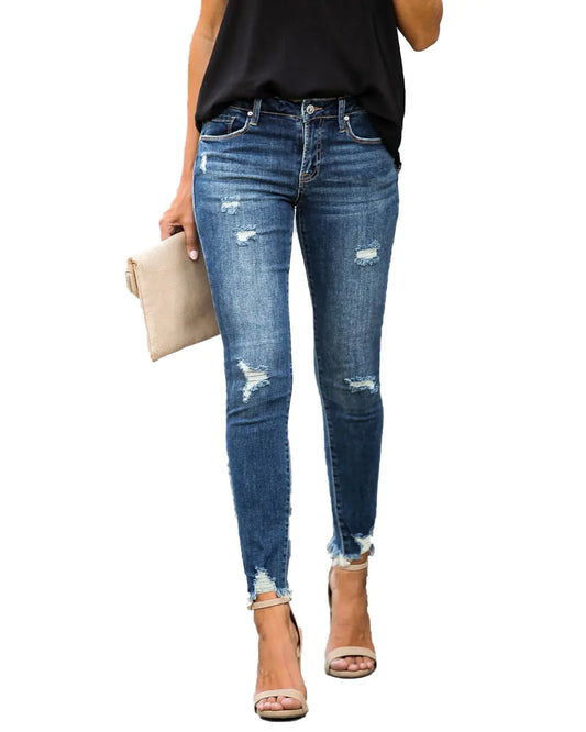 Chic Ripped Pencil Jeans with Frayed Hem