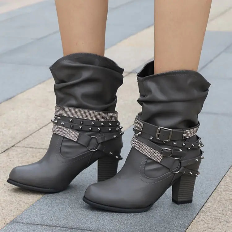 Glam Rhinestone Buckle Leather Boots