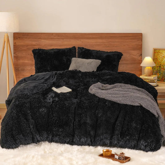 PHF Shaggy Fluffy Faux Fur Duvet Cover Set Queen SizeLuxury Warm Plush Comforter Cover for Winter Fall3PCS Soft Lightweight Velvet Cozy Bedding Set with Furry PillowcasesAesthetic Room DecorBlack