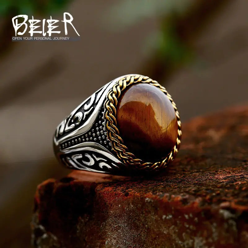 Titanium Steel Geometric Tiger Eye Ring - Sleek Design