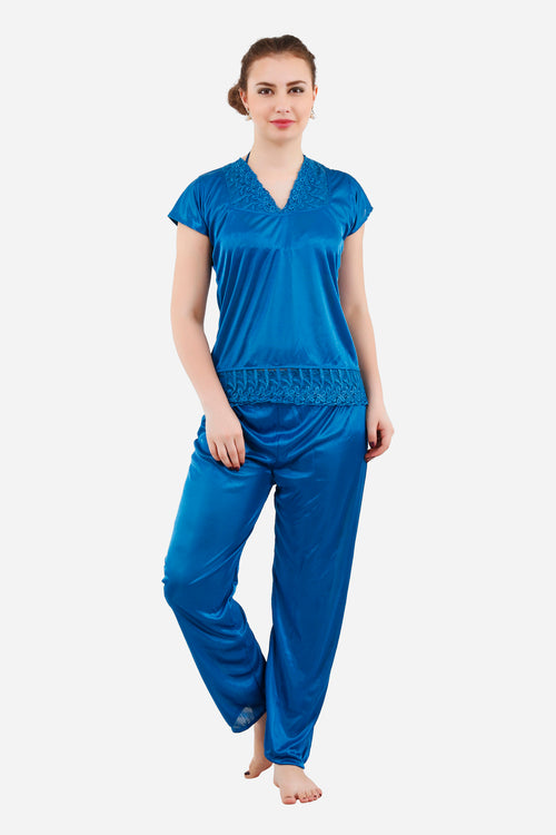 Romaisa Women's Satin Solid Blue Nightwear Set ( Pack of 6 )