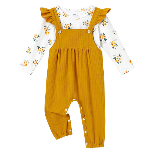 WESIDOM Baby Girl Clothes Long Sleeve Floral Top Ruffle Strap Baby Overalls Cute Fall Winter Baby Girl Outfits