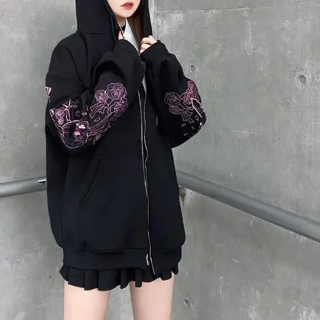 Chic Black Printed Zip Hoodie for Women