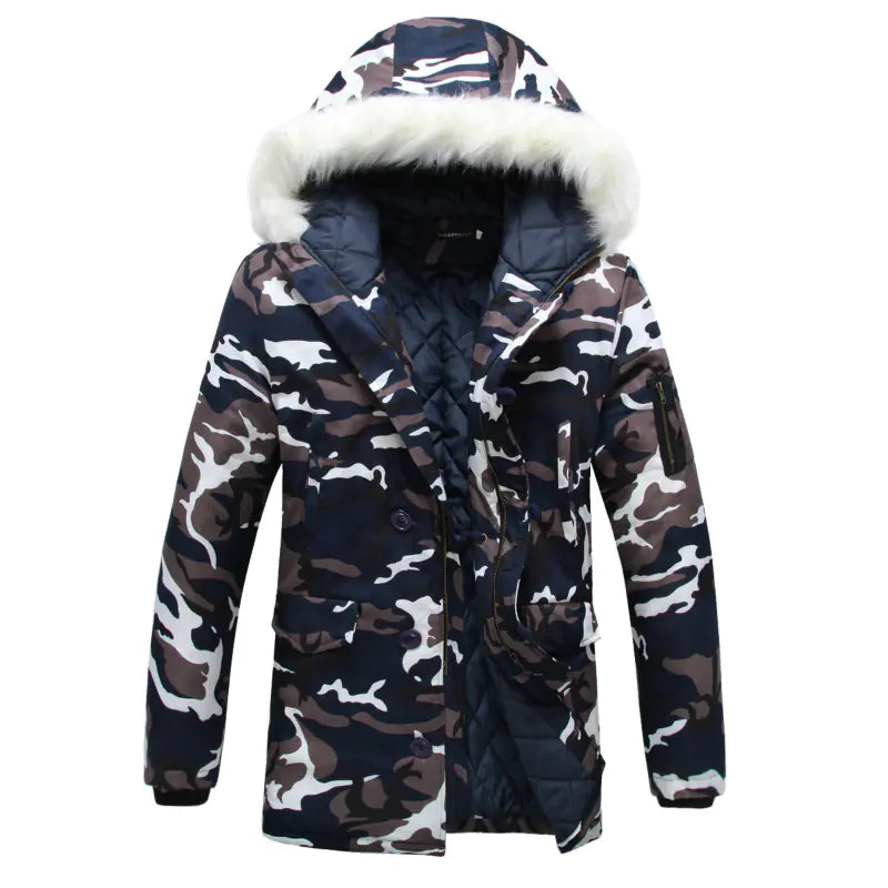 Camouflage Fur-Collared Mid-Length Coat