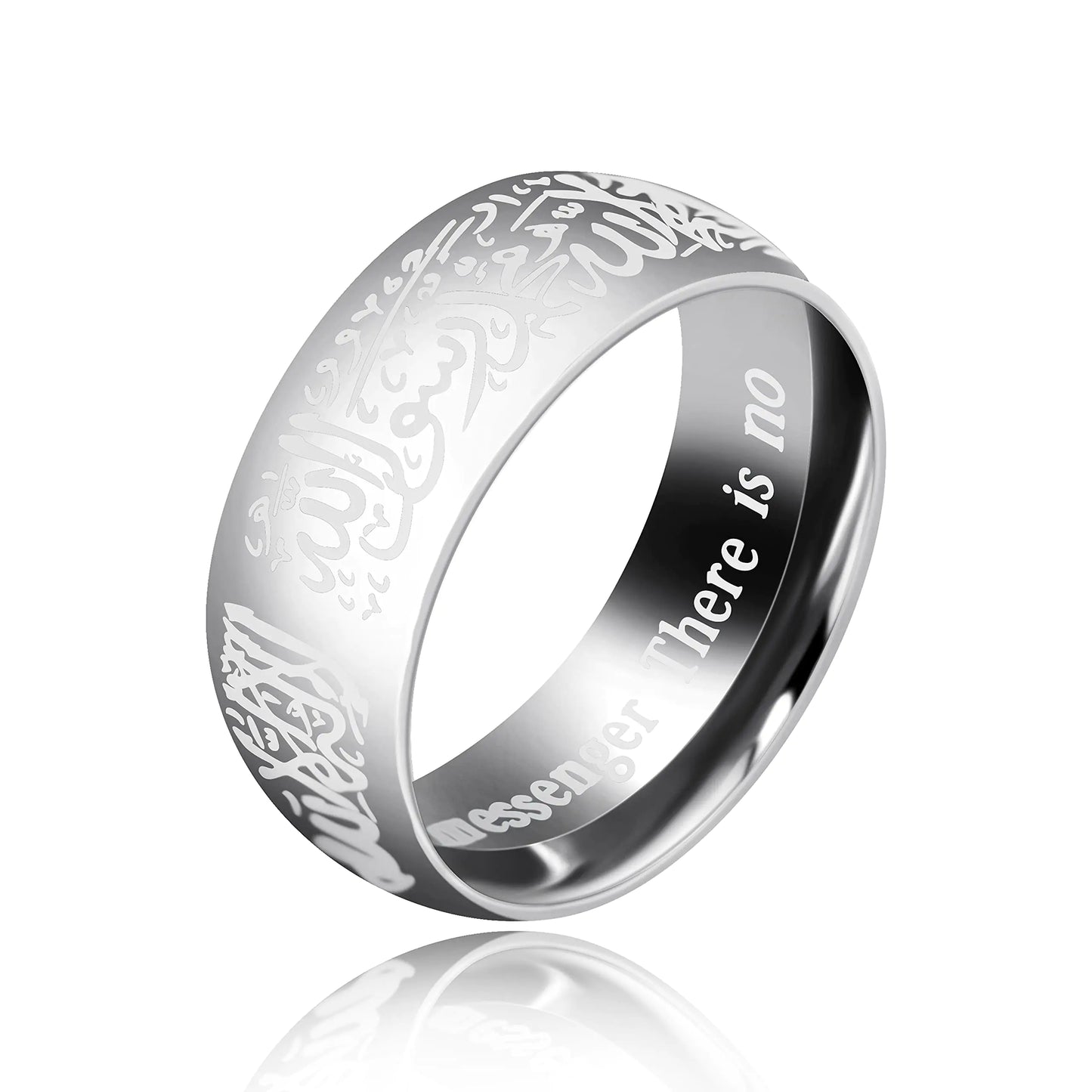 Uloveido 8mm Muslim Islamic Shahada Ring Islam Arabic God Allah Messager Mantra Ring Stainless Steel Wide Band (Platinum Plated Size 8)