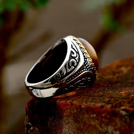Titanium Steel Geometric Tiger Eye Ring - Sleek Design