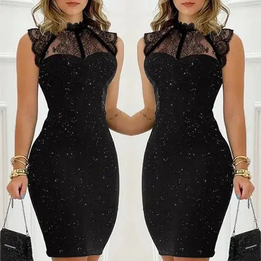 Chic Black Lace Halter Mini Dress