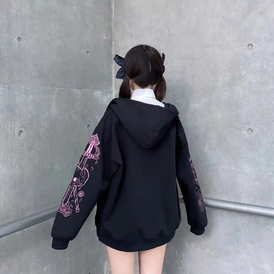 Chic Black Printed Zip Hoodie for Women