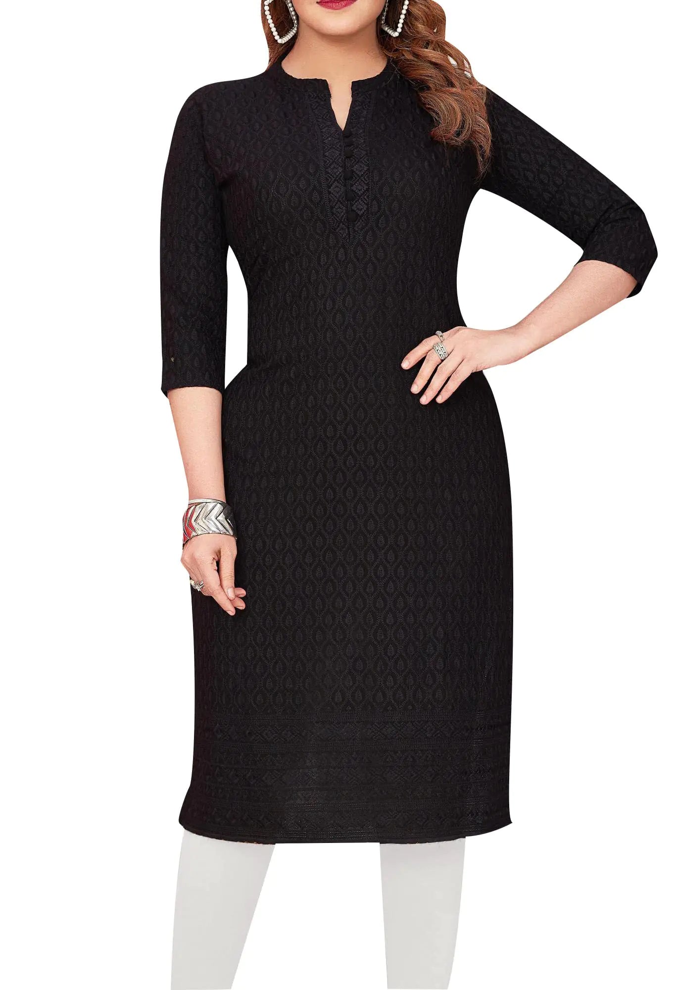 Rayon Chikhan Embroidered Black Kurti Tunic Top